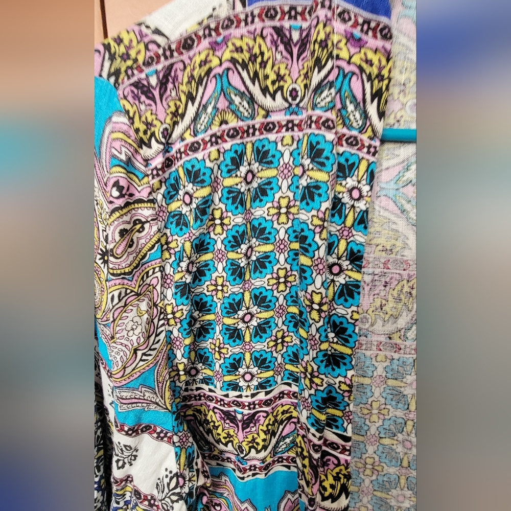 Chico's Linen Open Cardigan XL/16 3 Boho Patchwork Blue Green - Picture 2 of 5
